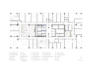 Plan drawing for the interior design layout of an office building in Prague.